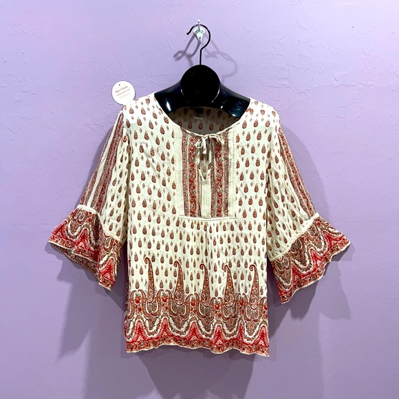 Bila Tops - Bila Boho Red Tan Paisley Tie Front Blouse Size 2X